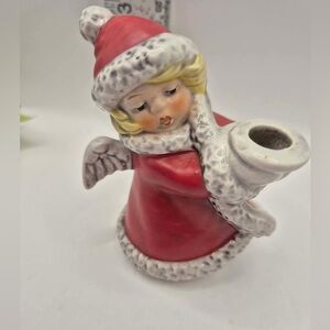Vintage Porcelain Angel MCM Christmas Candle Holder 1970s Goebel in Red Suit